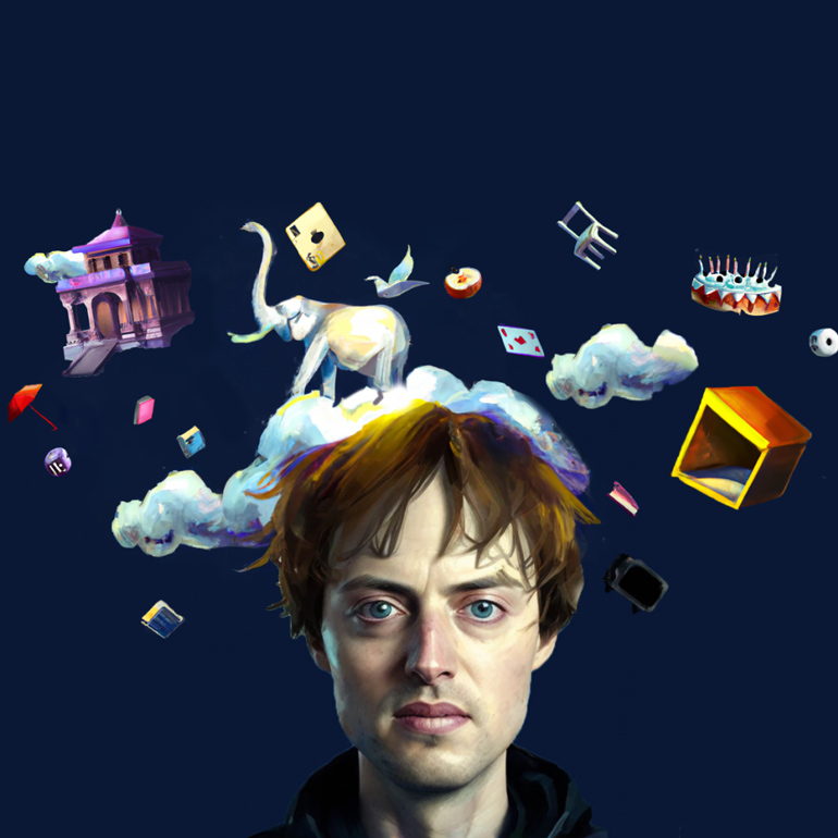 Jonas von Essen minnesmästaren illustrerad med flygande elefant, slott, stol, moln med mera flygande runt huvudet